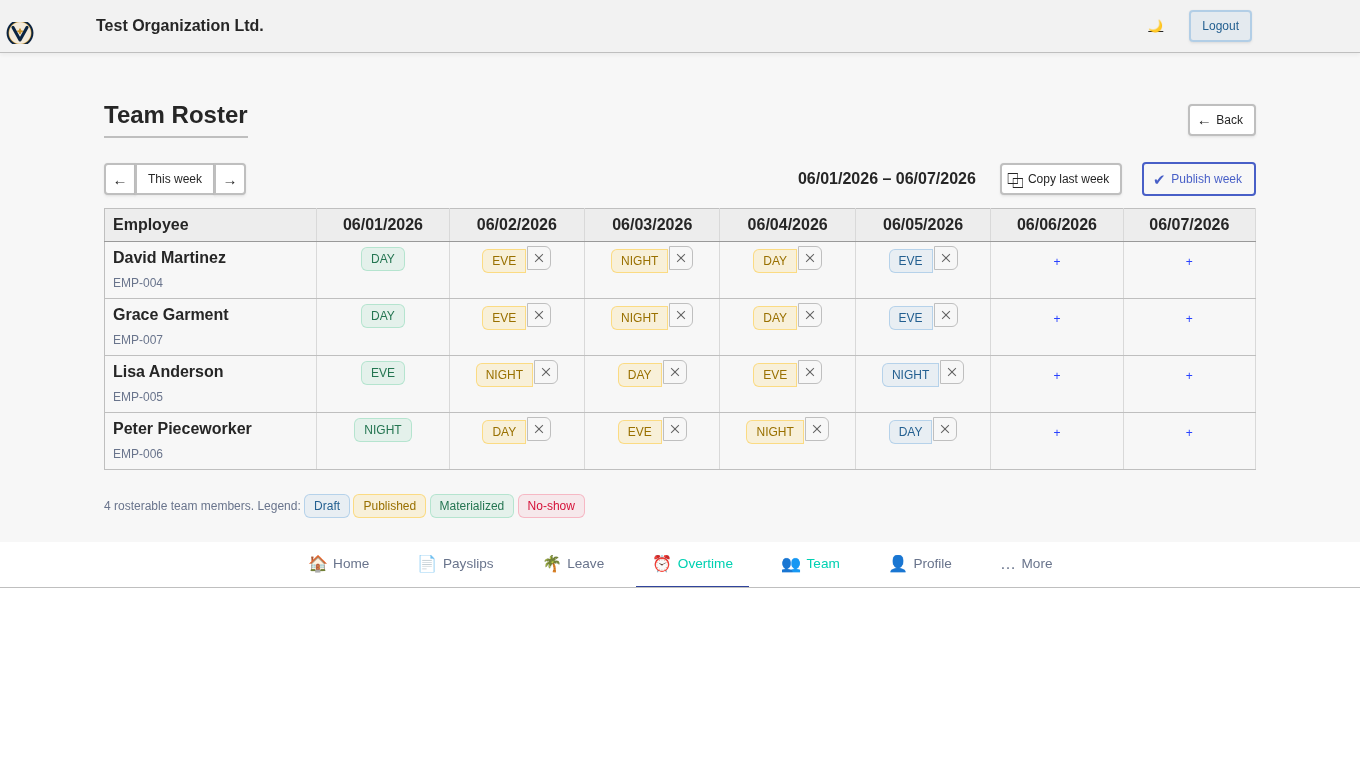 The supervisor shift roster grid in VikingPAY+ showing a planned week